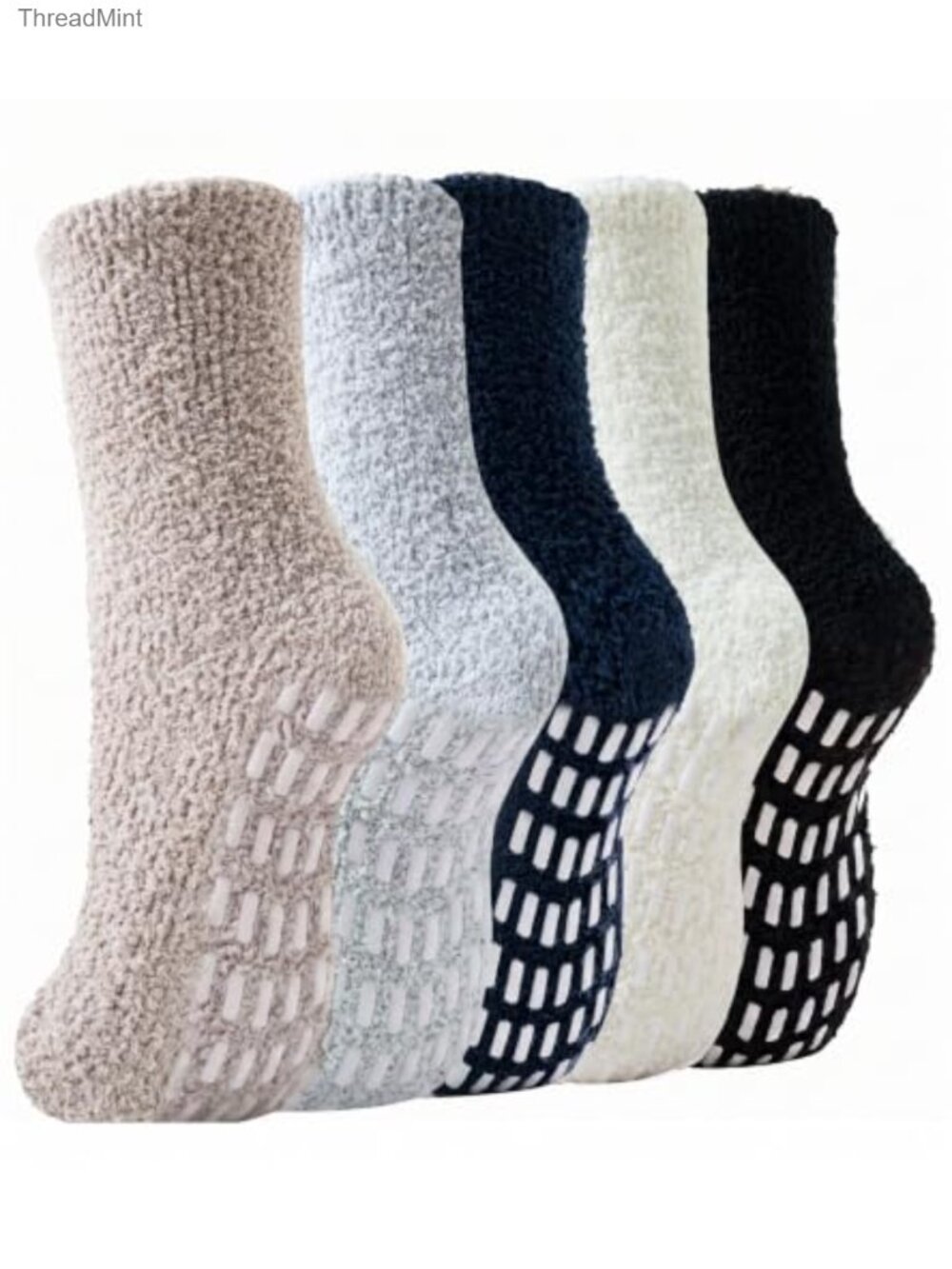 Fuzzy Non-Slip Slipper Socks with Grips, 5 Pack Cozy Winter
